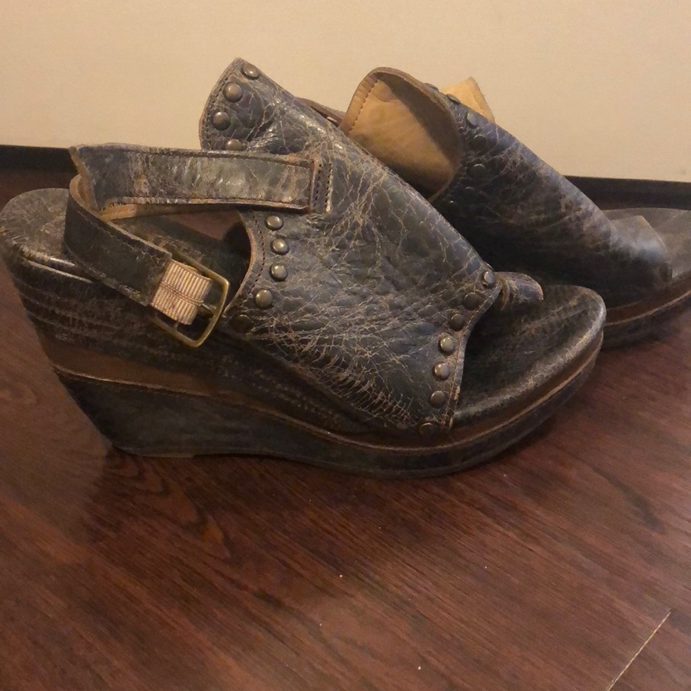 Bed Stu Distressed Black Leather Wedge Sandals with Studs